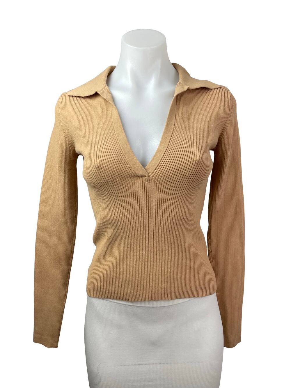 Intermix Nina Women's Ribbed Long Sleeve Collared V Neck Crop Sweater Top Sz P/S